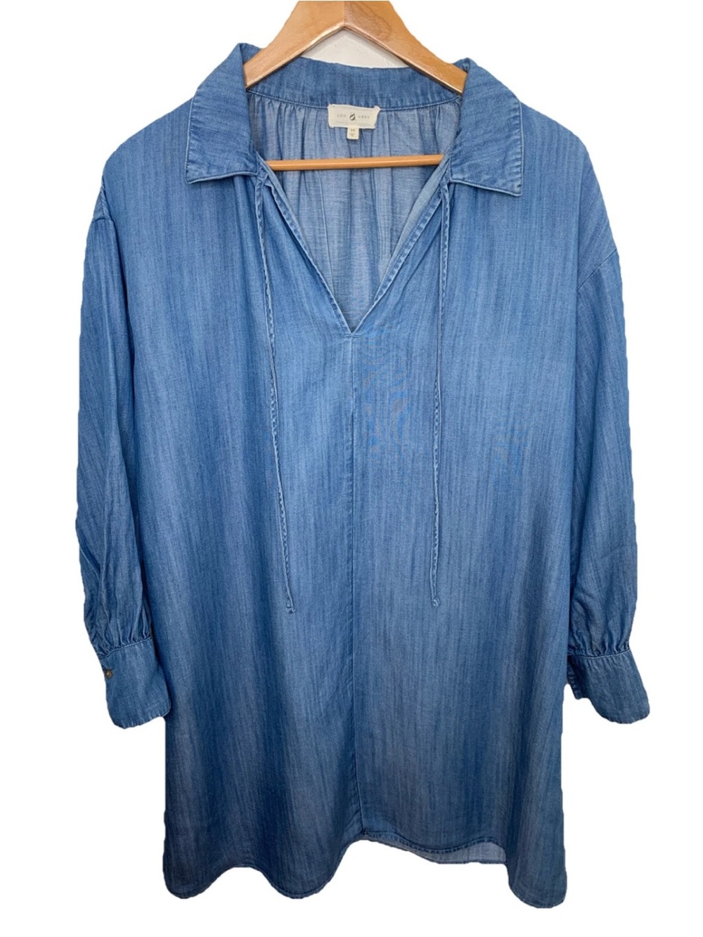 Lou & Grey Split Neck Tunic Dress Sz Med Chambray Linen Blend Boho Long Sleeve